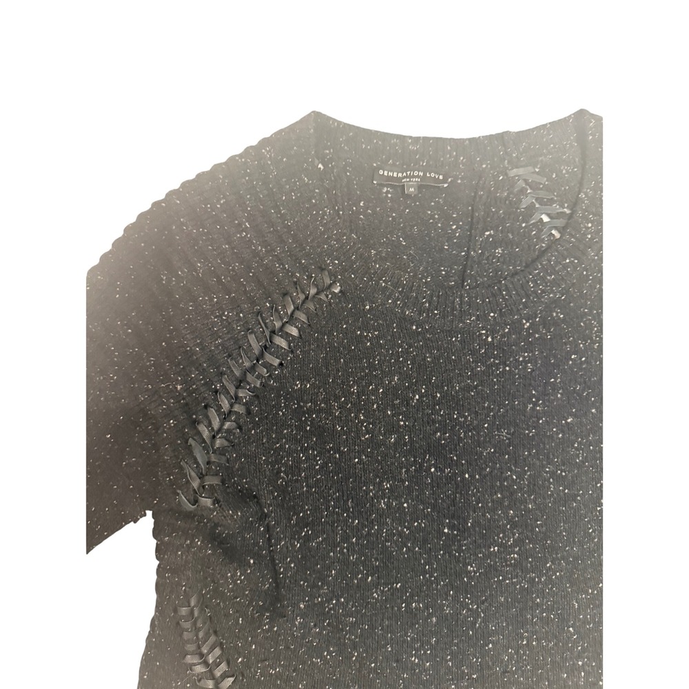 Generation Love Black Speckled Lace Up Detail V-Neck Knit Sweater Womens Medium
